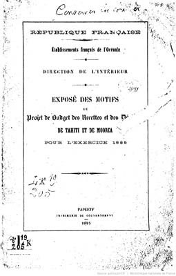 Exposé des motifs du projet de budget des recettes et des dépenses de Tahiti et de Moorea pour l’exercice 1885