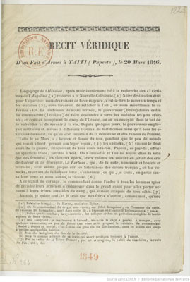 Récit véridique d’un fait d’armes à Taïti (Papeete) le 20 mars 1846