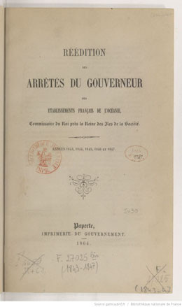 Réédition des arrêtés du gouverneur des EFO de 1843 à 1847 (1864)