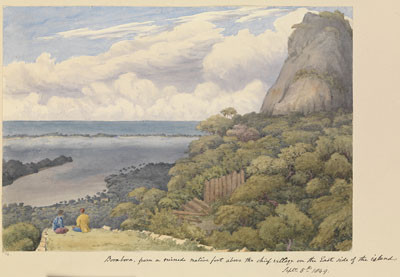 Bora Bora, vue depuis un fort en ruine au-dessus du village principal de la côte Est – Sir Edward Gennys Fanshawe – 5  septembre 1849
