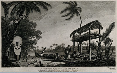 V0050666 Tahitian funerary monument Credit: Wellcome Library, London. Wellcome Images images@wellcome.ac.uk http://wellcomeimages.org A funerary monument (toupapow) with a corpse on it in Tahiti, as encountered by Captain James Cook and his crew on his second voyage, 1772-1775. The chief mourner is to the left in ceremonial dress. Engraving and text 1/20/1777 By: William Hodgesafter: William WoollettPublished: 1 February 1777. Copyrighted work available under Creative Commons Attribution only licence CC BY 4.0 http://creativecommons.org/licenses/by/4.0/
