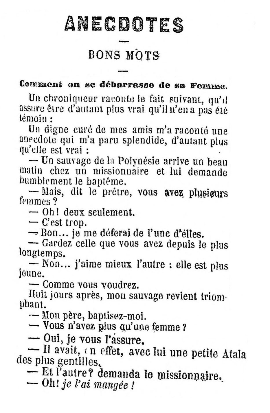 Anecdotes Bons Mots Comment On Se Debarrasse De Sa Femme La Feerie Illustree 1860 Mediatheque Historique De Polynesie Francaise Mhp