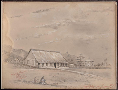 Habitation de Pomare Vahine 1ère et hôtel du gouvernement – Dessin de C.C. Antiq (1847)