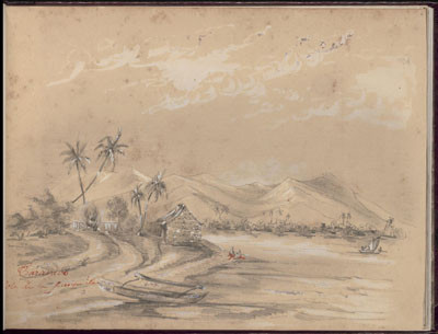 Taravao, côte de la presqu’île – Dessin de C.C. Antiq (1845-1847)