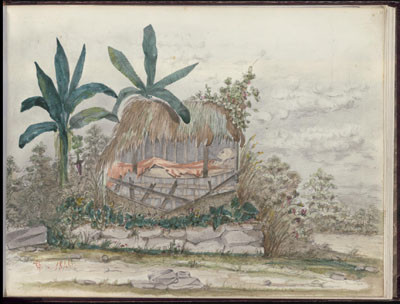 Corps exposé d’un mort, Marquises, Nuku Hiva – Dessin de C.C. Antiq (1846)
