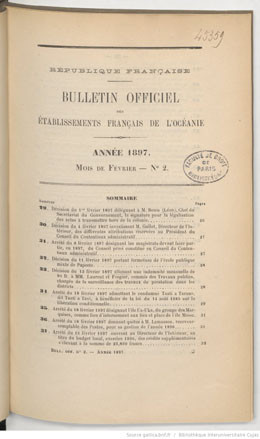 Bulletin officiel des Etablissements français de l’Océanie – Tome XXXVI –  Février 1897