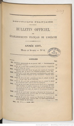 Bulletin officiel des Etablissements français de l’Océanie – Tome XXXVI –  Avril 1897