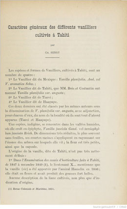 Caractères généraux des différents vanilliers cultivés à Tahiti (1924)