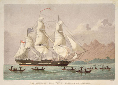 The missionary ship « Duff » arriving at Otaheite, lithograph by Kronheim & Co (1820)