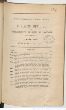 Bulletin officiel des Etablissements français de l’Océanie –  Juin 1897