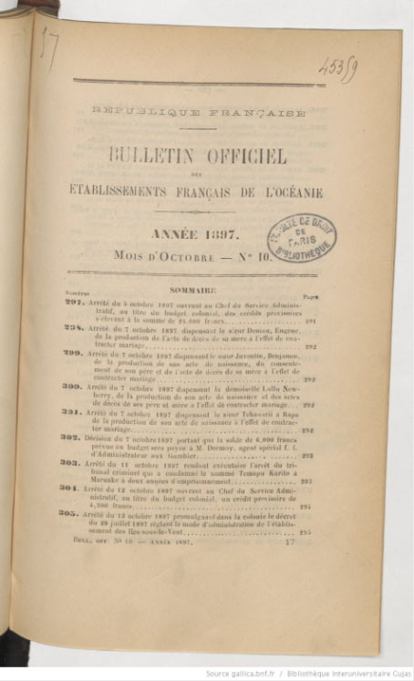Bulletin officiel des Etablissements français de l’Océanie – Octobre 1897