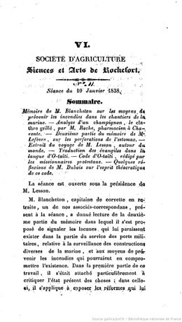 Société d’agriculture, sciences et arts de Rochefort – Extrait du voyage de M. Lesson (1838)