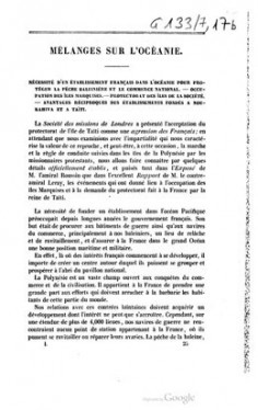 Mélanges sur l’Océanie – Nécessite d’un établissement français dans l’Océanie pour protéger la pêche baleinière et le commerce national (1843)