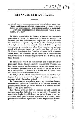 Mélanges sur l’Océanie – Nécessite d’un établissement français dans l’Océanie pour protéger la pêche baleinière et le commerce national (1843)