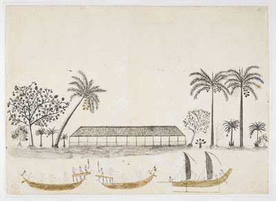 Habitation de Tupai’a et pirogues à Tahiti (1769)