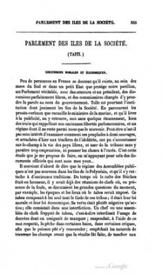 Journal des économistes – Parlement des îles de la Société – Partie I (1853)
