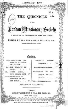 The Chronicle of the London Missionary Society (1870)