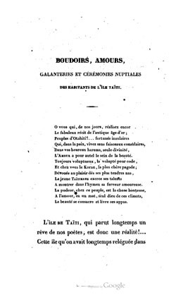 Boudoirs, amours, galanteries, cérémonies nuptiales des habitants de l’île Taïti (1839)