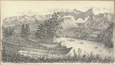 Matavai, rivière et pirogues (1822)