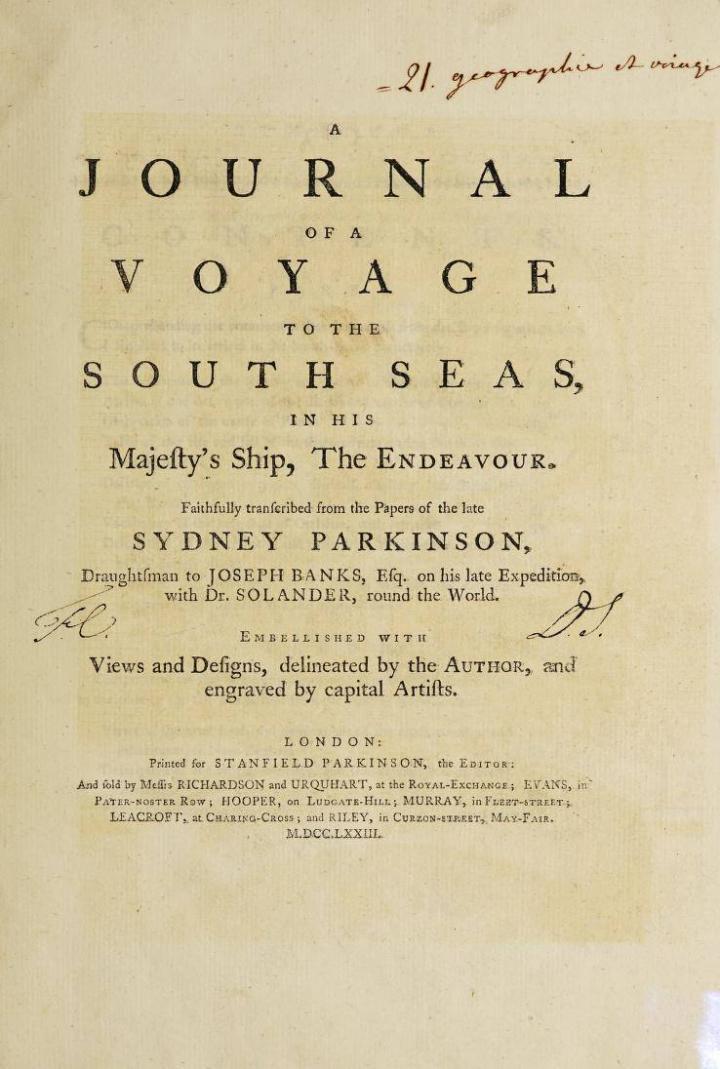A journal of a voyage to the South Seas, in His Majesty’s ship, the Endeavour (1773)