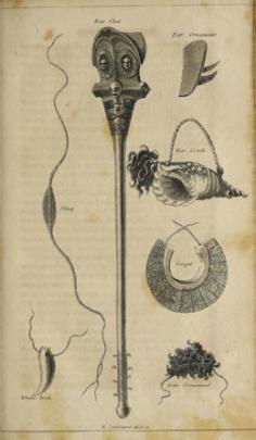 Casse-tête, ornements d’oreille, plastron, conque de guerre, fronde,… (1815)