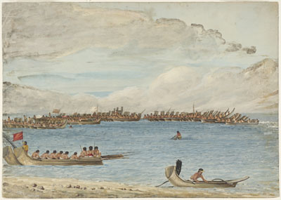 Le roi de Tahiti passe en revue ses pirogues de guerre (1802)