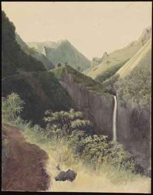 Vue du fort français et de la chute d’eau de la Fautaua (1854)
