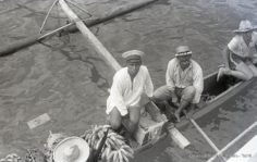 Vendeurs sur pirogue auprès de l’équipage du Dunedin à Bora Bora (1936)