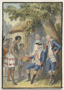 Tahitiens offrant des fruits à Bougainville (1768)